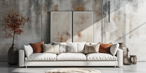 Minimalist Home Interior: White Sofa with Terra Cotta Pillows Against Concrete Wall