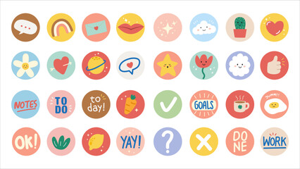Set of rounded cute sticker planner cartoon illustration - obrazy, fototapety, plakaty