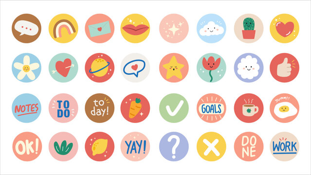 Set of rounded cute sticker planner cartoon illustration