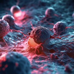 3d illustration depicting aggressive cancer cells in a dynamic red and purple environment with spreading filaments