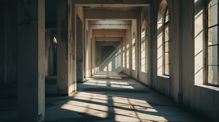 Fototapeta premium Dramatic play of light and shadow along an empty corridor with windows casting geometric patterns on the floor