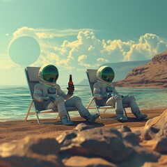 Futuristic illustration of two astronauts chilling on beach chairs against a martian landscape with a beer - obrazy, fototapety, plakaty