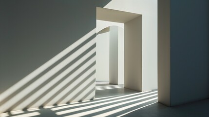 Architectural interior shot showing a white archway with contrasting shadows and light play, creating a serene scene