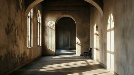 Fototapeta premium Aesthetic play of light and shadow along a classical corridor with arches and a warm ambiance