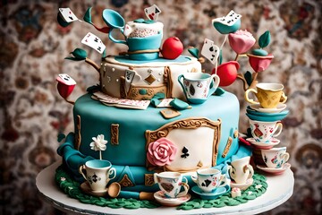 A whimsical "Alice in Wonderland" themed birthday cake with intricate fondant decorations, including teacups and playing cards