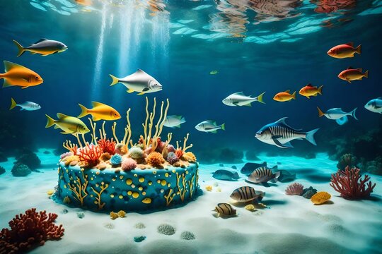 A beautiful underwater-themed birthday cake with edible sea creatures, corals, and a shimmering ocean floor