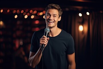 Standup Show, Young Comedian Performing his Stand-Up Monologue, Caucasian Male on a Night Club Stage