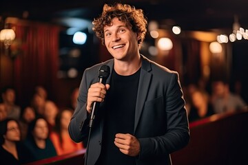 Standup Show, Young Comedian Performing his Stand-Up Monologue, Caucasian Male on a Night Club Stage - obrazy, fototapety, plakaty