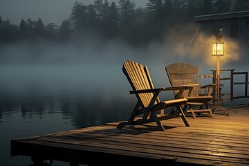 Two Empty Wood Chairs, Morning Lake View, Mist Swamp Wooden Pier, Nature Landscape, Misty Night