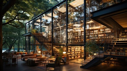  the modern interior with bookshelves with beautiful large floor-to-ceiling windows