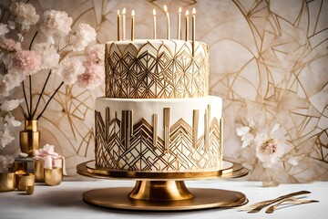 A birthday cake with an elegant, art deco design, featuring edible geometric patterns and metallic accents