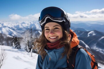 Fototapeta na wymiar Female snowboarder on top of the winter mountain