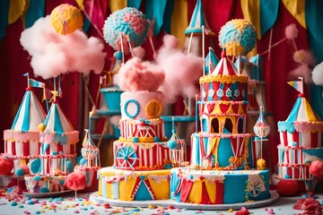 A vibrant carnival-themed birthday cake with fondant ferris wheels, cotton candy, and a lively circus atmosphere