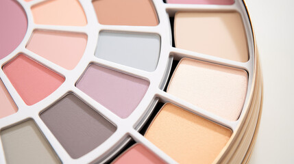 Close-up of an open palette with multicolored female cosmetic eye shadows, copy space. Decorative cosmetics background.