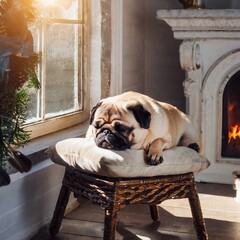 朝日が射し込む窓辺と白い暖炉の近くの椅子で寝ているパグ