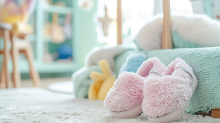 Cute fluffy warm winter house slippers in pastel colors on a carpet. Female home clothes and shoes, soft slippers. - obrazy, fototapety, plakaty