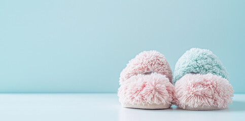 Obraz na płótnie Canvas Cute pink fluffy warm winter house slippers in pastel colors. Female home clothes and shoes, soft slippers.