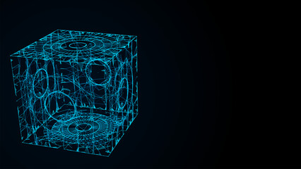 Abstract sci-fi cube with particle and line. Vector technology network connection on world. Global digital connections ai. Wireframe cube. Blockchain encryption. - obrazy, fototapety, plakaty