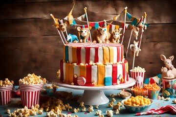 A playful, circus-inspired birthday cake with bold stripes, popcorn, and miniature circus animals as decorations - Powered by Adobe