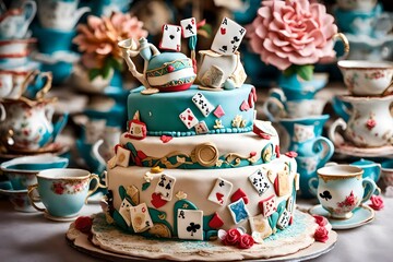 A whimsical "Alice in Wonderland" themed birthday cake with intricate fondant decorations, including teacups and playing cards