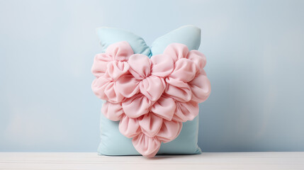 Decorative diy handmade interior pillow with heart in pastel color palette. Love, accessories for home comfort and interior decoration, copy space.