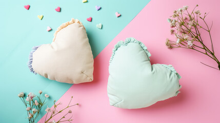 Top view of Decorative diy handmade interior pillow with heart in pastel color palette. Love, accessories for home comfort and interior decoration.