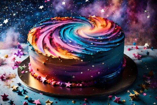A birthday cake featuring a vibrant galaxy design, with swirling colors and edible glitter representing stars