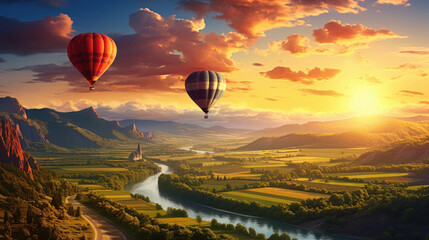 hot air balloon flying over river