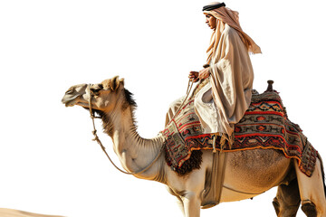 man riding camel isolated on white