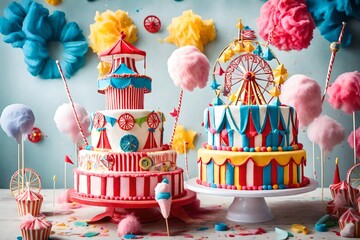 A vibrant carnival-themed birthday cake with fondant ferris wheels, cotton candy, and a lively circus atmosphere - obrazy, fototapety, plakaty