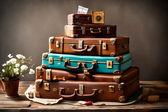 A birthday cake designed to resemble a stack of vintage suitcases, complete with edible travel-themed decorations