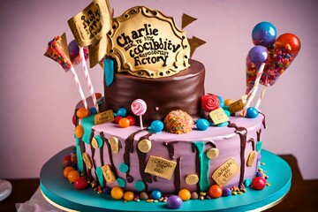 A whimsical, "Charlie and the Chocolate Factory" themed birthday cake with edible candy and golden ticket decorations