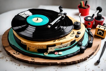 A vintage record player-inspired birthday cake with edible vinyl records, musical notes, and a retro vibe