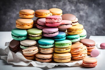 A cake shaped like a stack of colorful, oversized macarons, complete with edible sugar macaron decorations