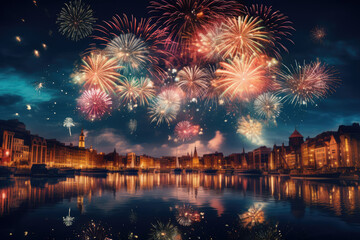 Fototapeta premium New York City skyline with fireworks over Hudson River, New York City, USA
