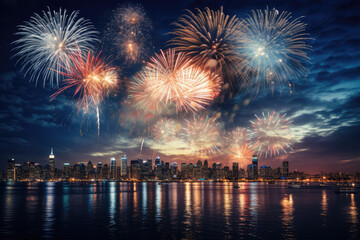 Fototapeta na wymiar New York City skyline with fireworks over Hudson River, New York City, USA