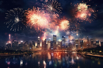 Fototapeta premium New York City skyline with fireworks over Hudson River, New York City, USA