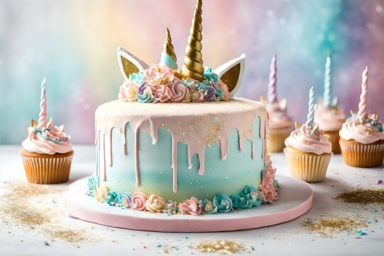 A unicorn-themed birthday cake with a graceful unicorn topper, pastel colors, and edible glitter