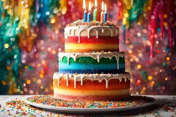 A delectable three-tiered birthday cake adorned with vibrant rainbow sprinkles and lit candles