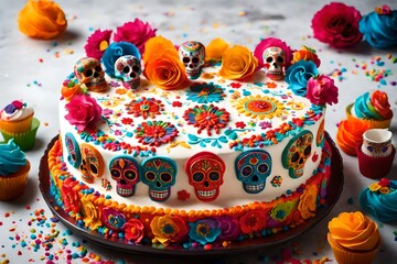 A vibrant fiesta-themed birthday cake with sugar skulls, maracas, and a festive, Mexican-inspired design