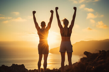 Triumph Together: Image of a Couple Expressing Victory with Raised Arms - obrazy, fototapety, plakaty