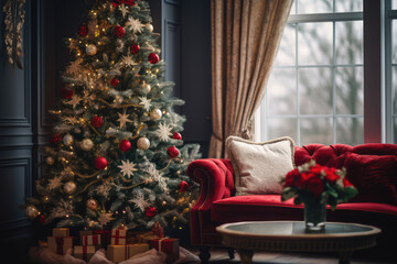 Christmas living room with a Christmas tree, gifts and a red sofa