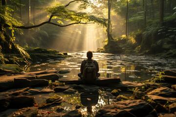 A man meditates by a forest creek, illuminated by tranquil sunrise light piercing through the trees.
