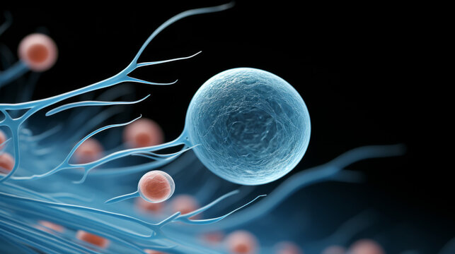 Microscope picture of the process of life formation and conception. Cell connection