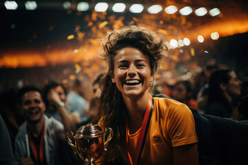 Happy young woman holding a trophy with confetti in the air, celebrating victory at a sports event surrounded by fans.