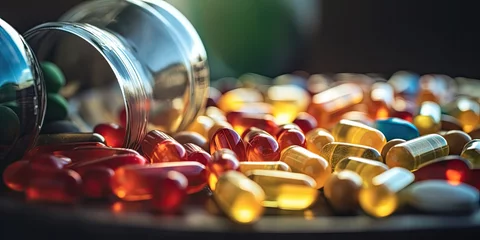 Foto auf Acrylglas Color Dietary Supplements, Vitamin Capsules Mix, Mineral Pills, Healthy Multivitamin Capsule © artemstepanov