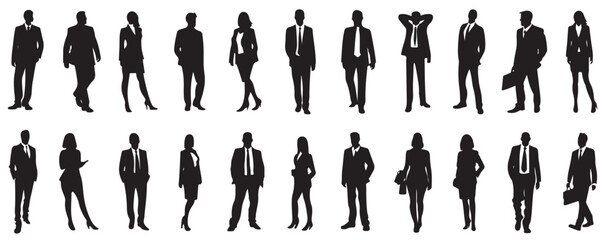 silhouettes of people working group of standing business people vector illustration on isolated white background. - obrazy, fototapety, plakaty