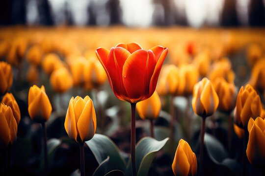 A stunning image of a red tulip standing out in a field of yellow tulips, signifying uniqueness and natural beauty.