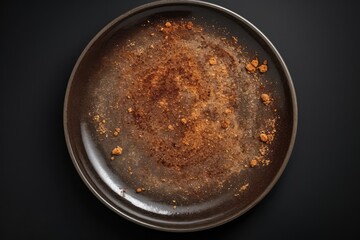 Dirty Plate Isolated, Empty Bowl after Dinner, Finished Lunch, Oil and Smeared Sauce on Black Plate