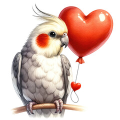 cute cockatiel parrot on valentine's day transparent background